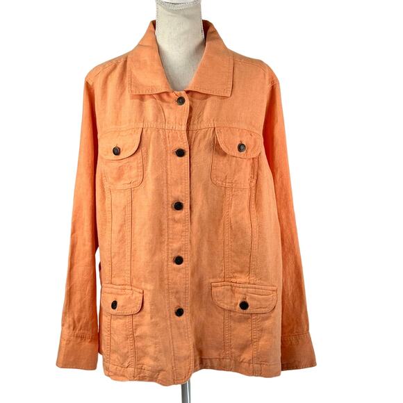 J. Jill Linen Trucker Jacket Orange Jean Style Long Sleeves Oversized Casual - Picture 1 of 9